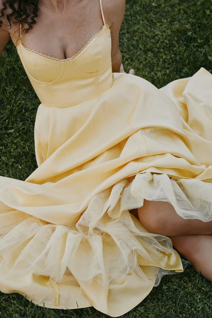 sunshine yellow satin tulle midi dress