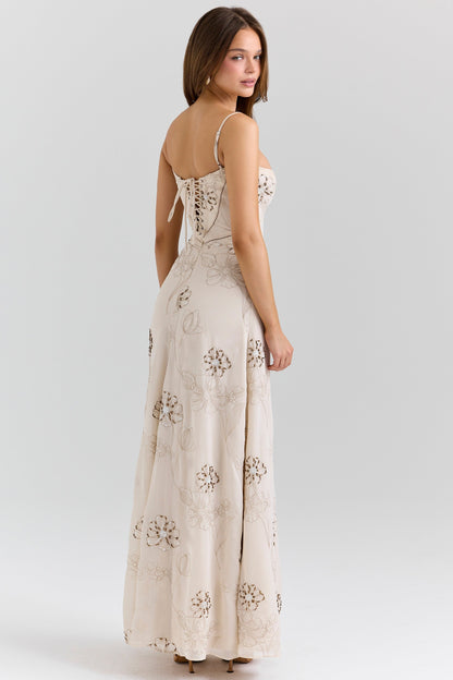 vanilla embroidered hand beaded floral maxi dress