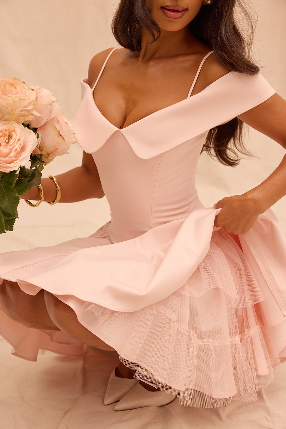 ballerina pink off shoulder mini dress