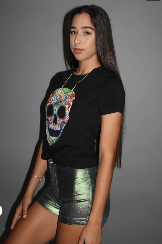 Calavera Black Graphic Top – Sugar Skull Cropped Tee