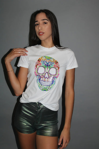 Calavera White Graphic Top – Sugar Skull Cropped Tee