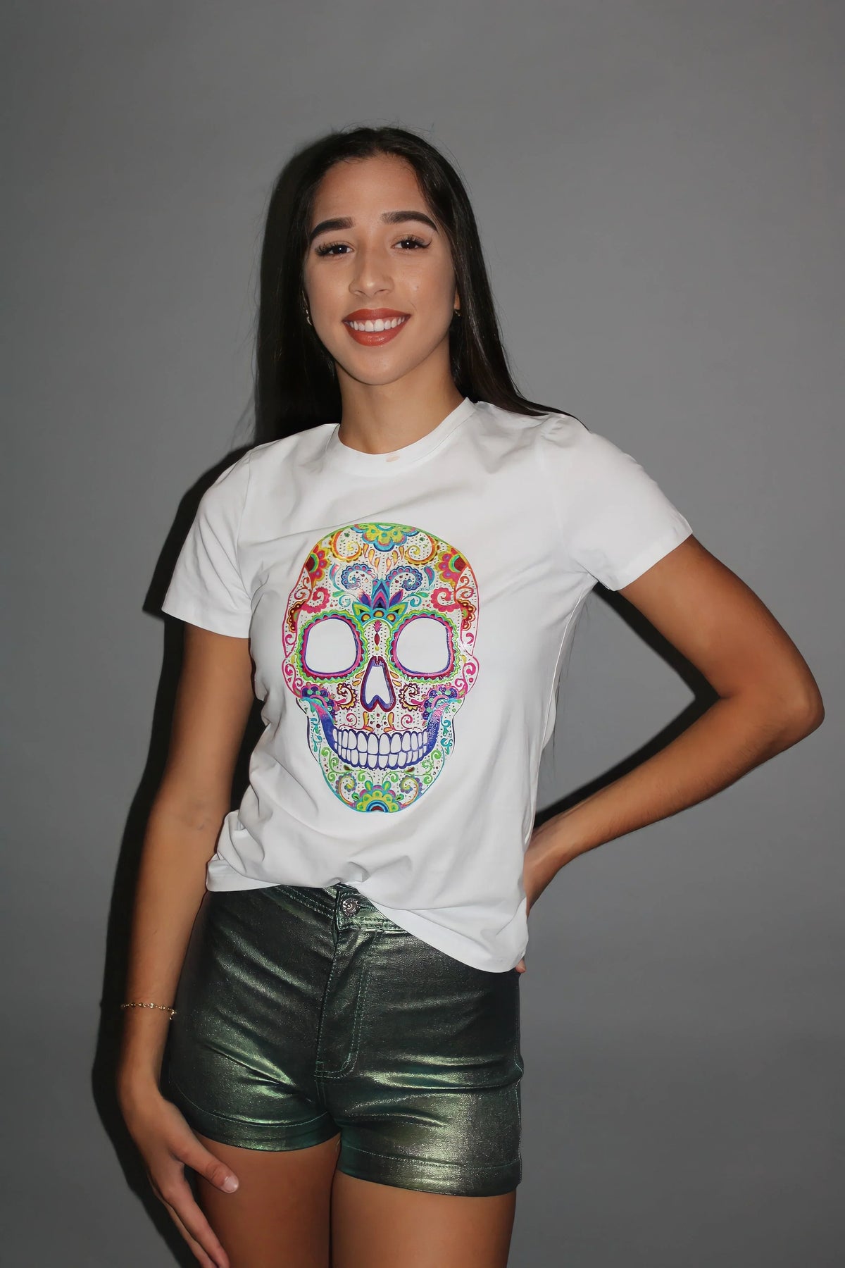 Calavera White Graphic Top – Sugar Skull Cropped Tee