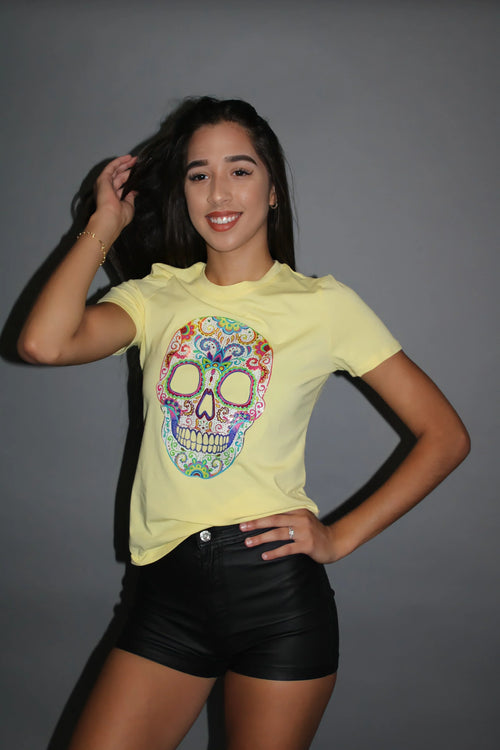 Calavera Yellow Graphic Top – Sugar Skull Cropped Tee