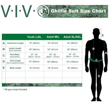 VIVO ghillie suit sizing chart.