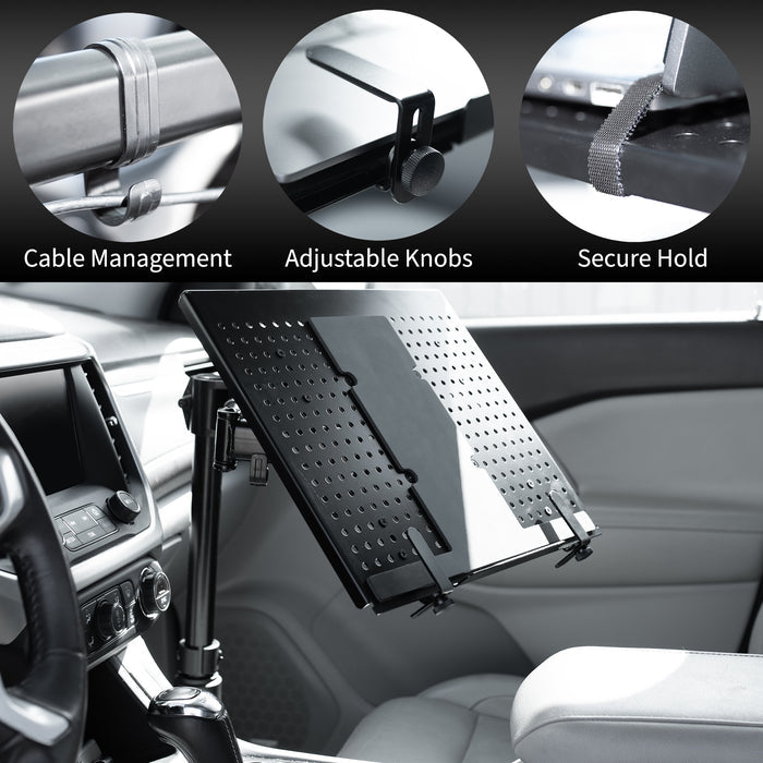 Perfect for on-the-go use, this car laptop stand anchors to the seat bolts on the passenger side chair, providing a secure and sturdy workstation.