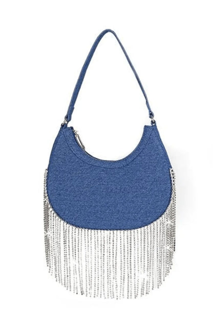 Cascade Elegance Fringed Handbag (Denim)