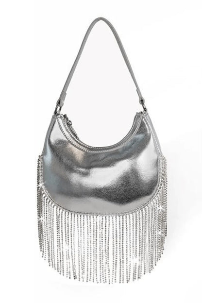 Cascade Elegance Fringed Handbag (Silver)