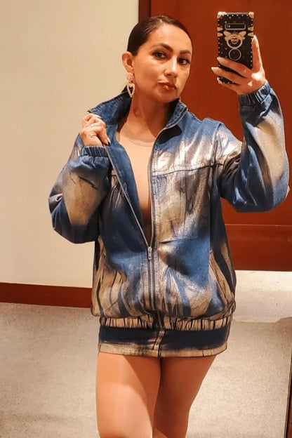 Casual Chic Denim Skirt Set with Metallic Finish