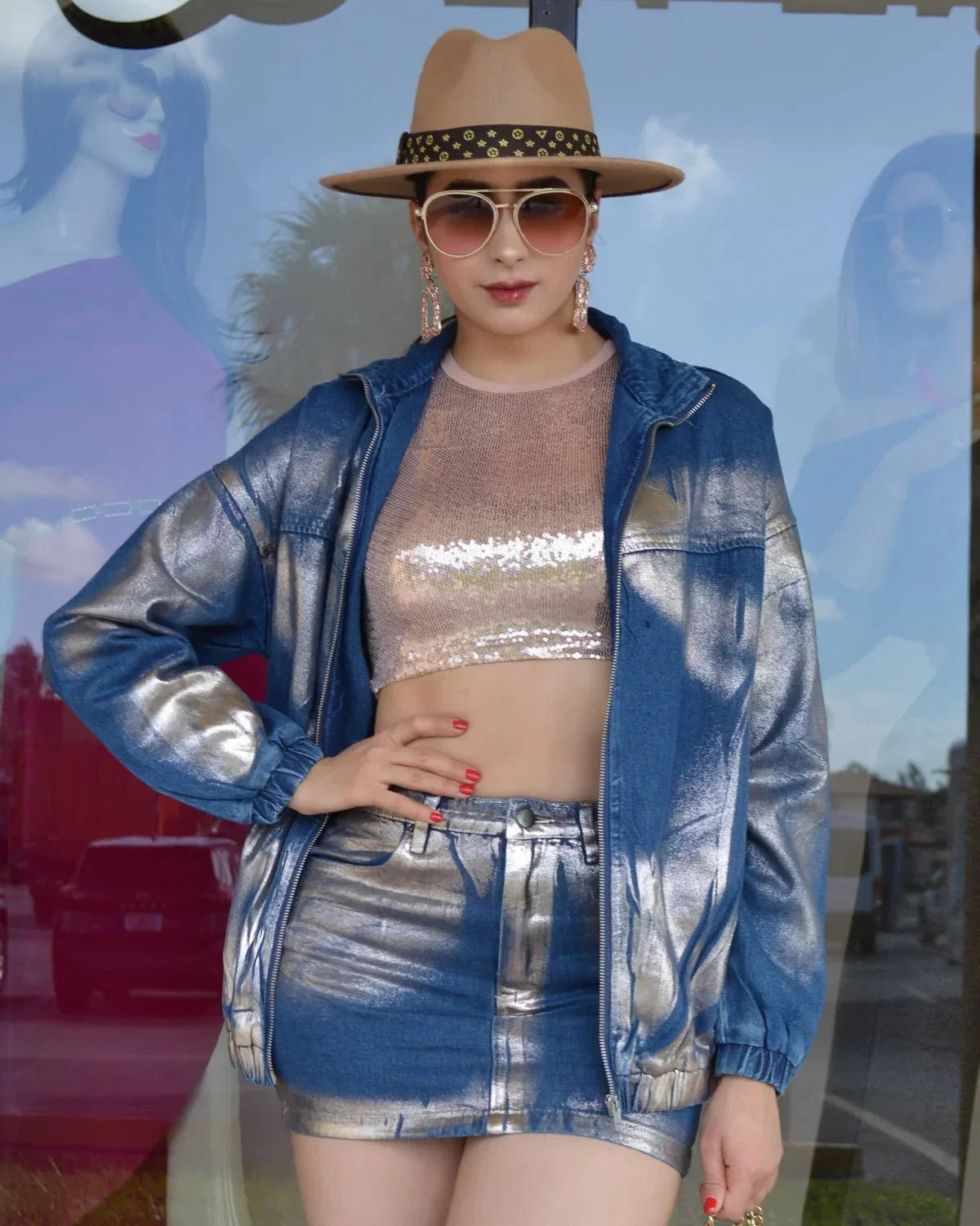 Casual Chic Denim Skirt Set with Metallic Finish
