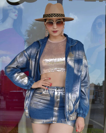 Casual Chic Denim Skirt Set with Metallic Finish
