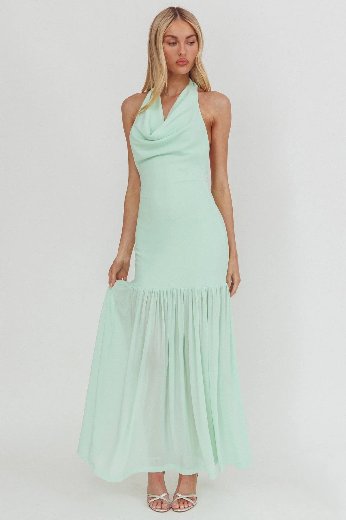 Kailyn Cowl Neck Sheer Hem Maxi Dress Mint
