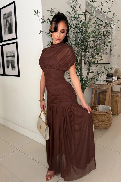 Celeste Draped Mesh Pleated Maxi Dress - Brown