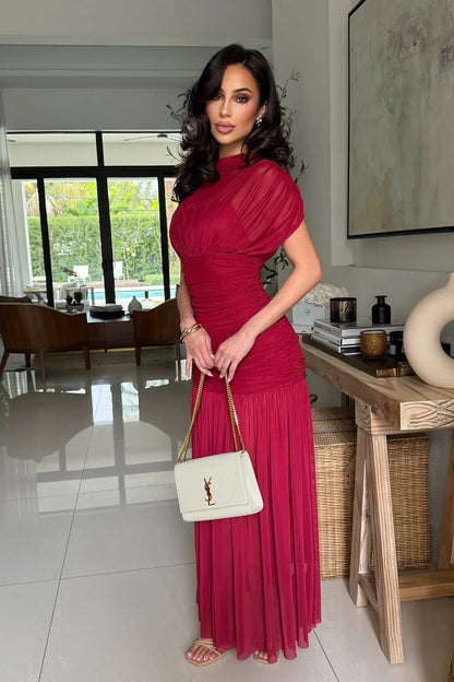 Celeste Draped Mesh Pleated Maxi Dress - Wine