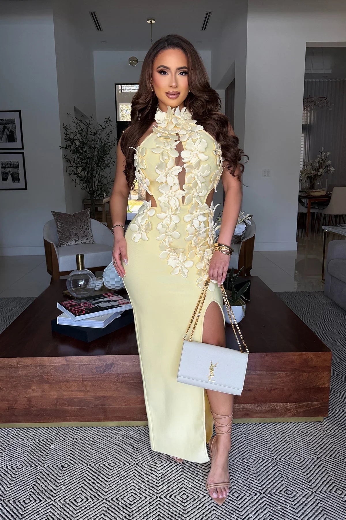 Celestia Sculpted Floral Bandage Gown - Yellow