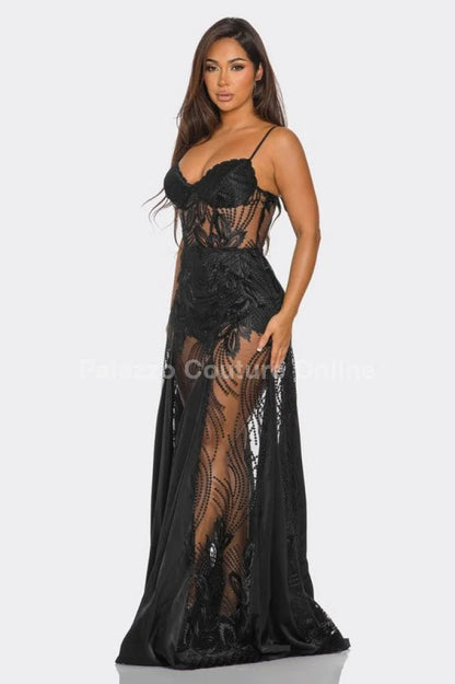 Celestial Elegance Sheer Lace Maxi Dress Black