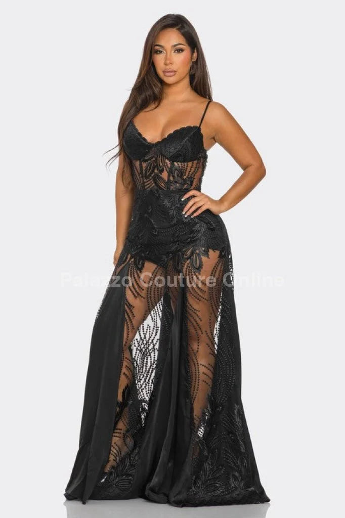 Celestial Elegance Sheer Lace Maxi Dress Black