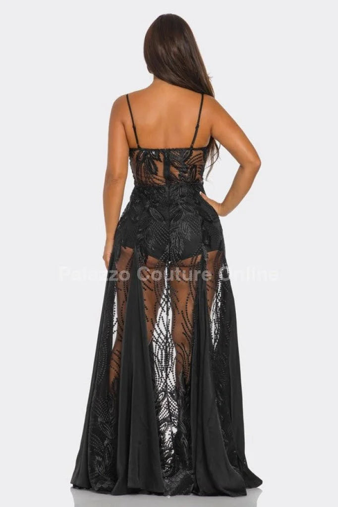 Celestial Elegance Sheer Lace Maxi Dress Black