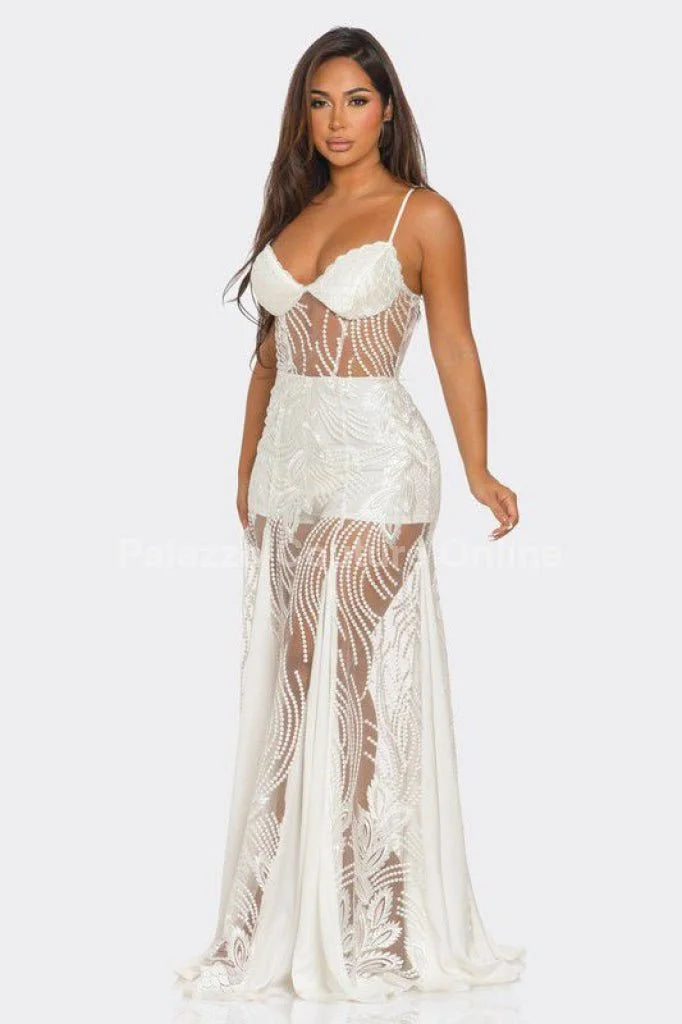 Celestial Elegance Sheer Lace Maxi Dress White