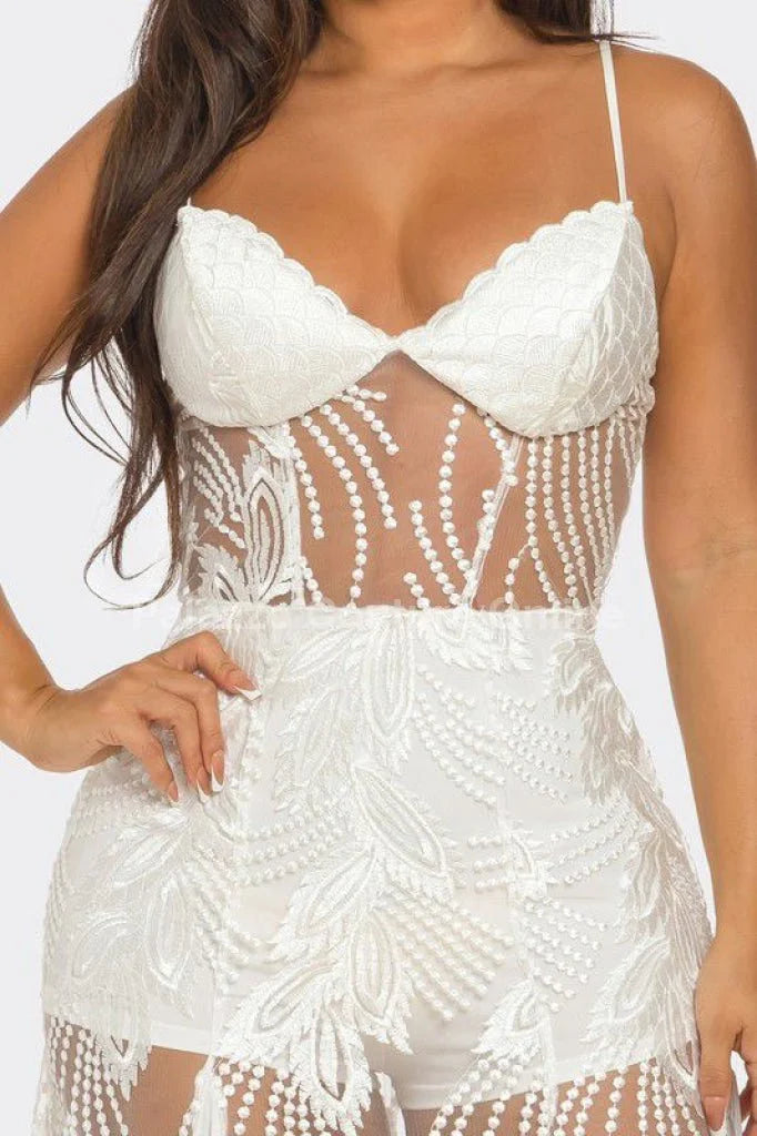 Celestial Elegance Sheer Lace Maxi Dress White