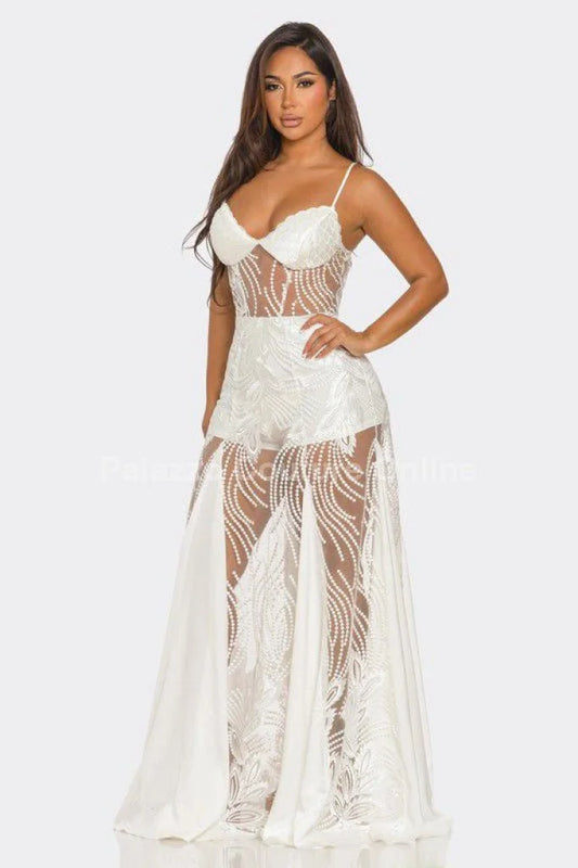 Celestial Elegance Sheer Lace Maxi Dress White