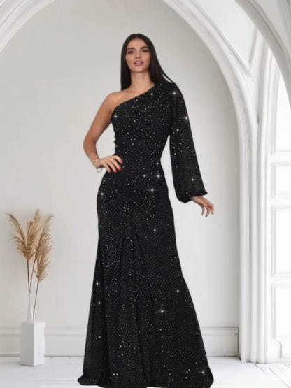 Celestial One Shoulder Gown in Black with Shimmer Finish