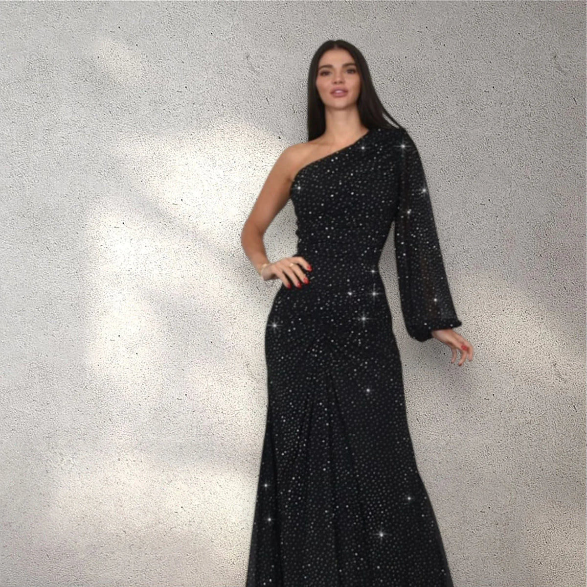 Celestial One Shoulder Gown in Black with Shimmer Finish