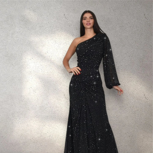 Celestial One Shoulder Gown in Black with Shimmer Finish