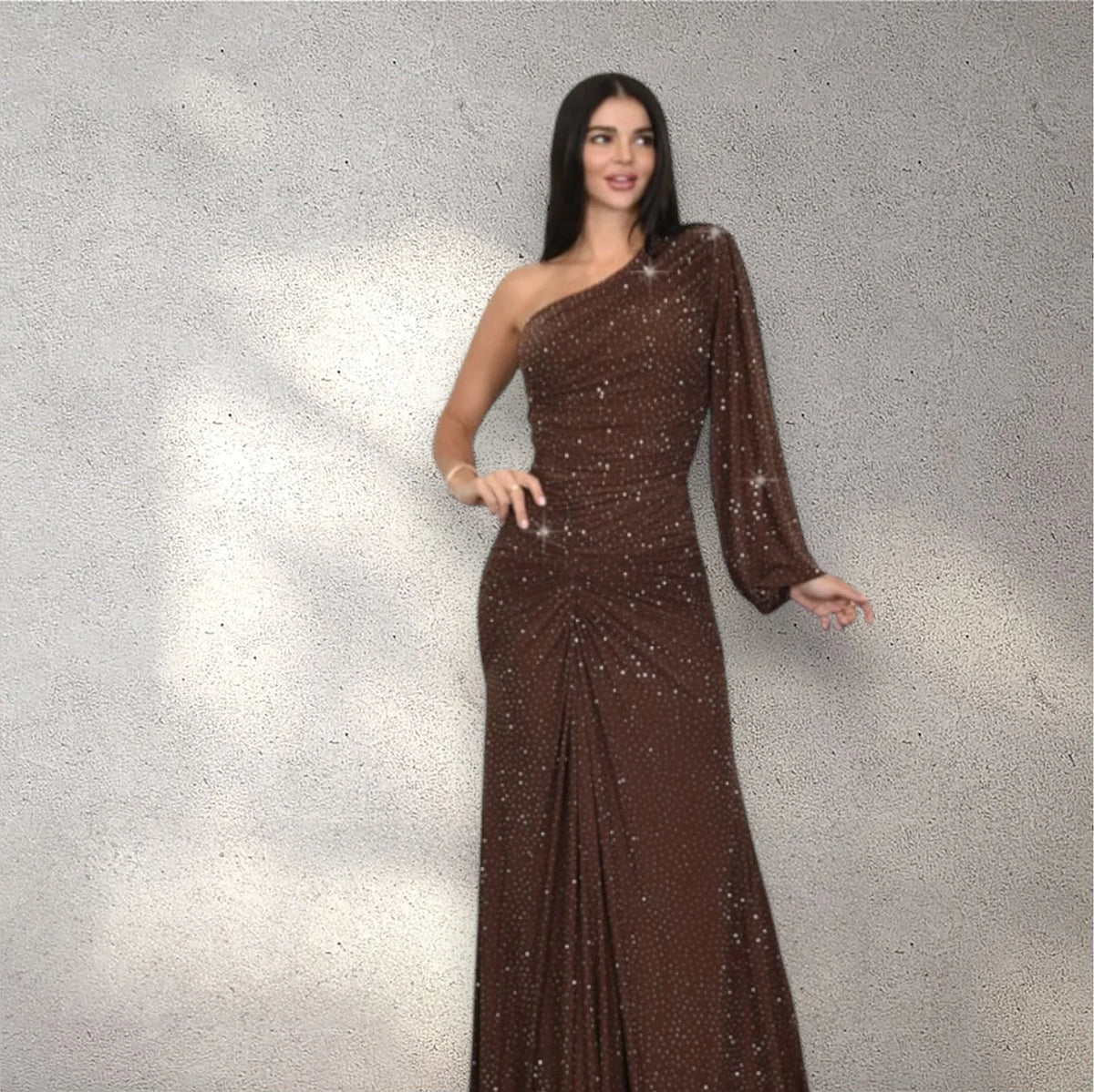 Celestial One Shoulder Gown in Chocolate with Shimmer Finish