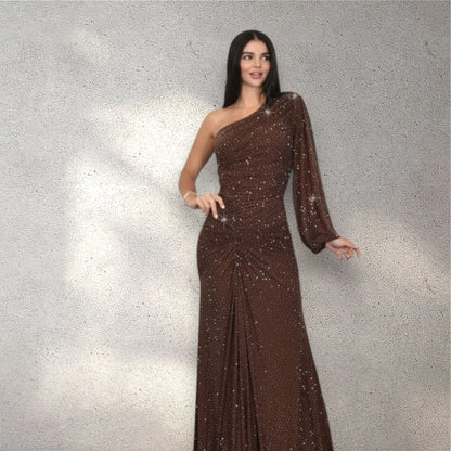 Celestial One Shoulder Gown in Chocolate with Shimmer Finish