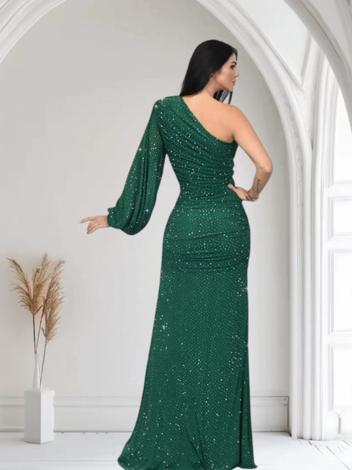 Celestial One Shoulder Gown in Forest with Shimmer Finish