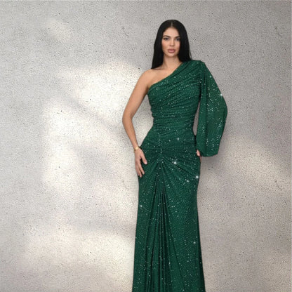 Celestial One Shoulder Gown in Forest with Shimmer Finish