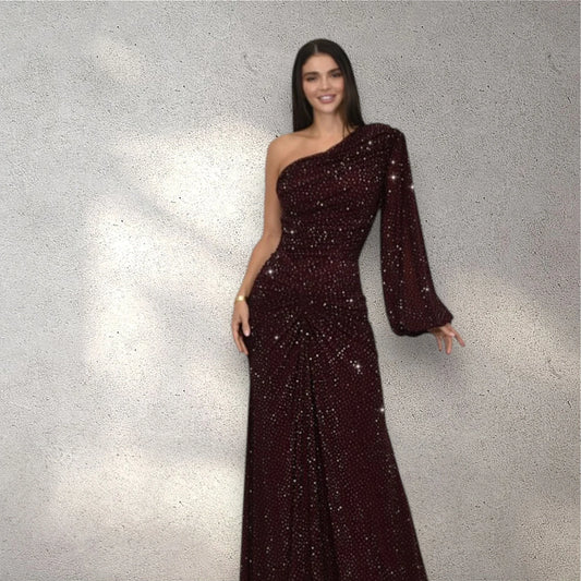 Celestial One Shoulder Gown in Maroon with Shimmer Finish