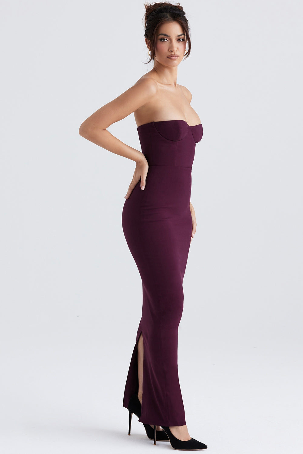grape strapless corset maxi dress