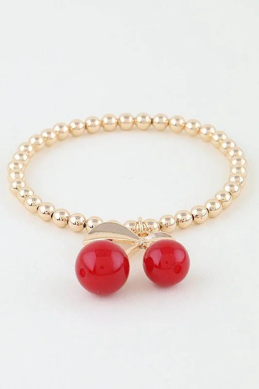 Cherry Charm Beaded Bracelet Gold Red
