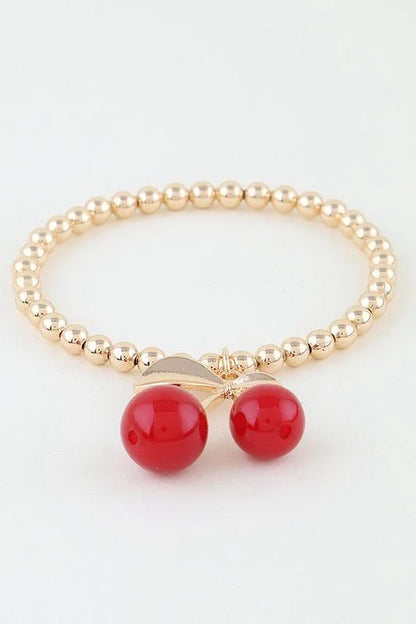 Cherry Charm Beaded Bracelet Gold Red