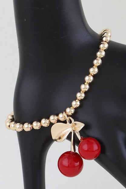 Cherry Charm Beaded Bracelet Gold Red