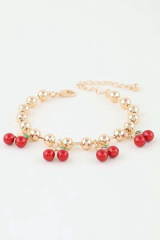 Cherry Pop Charm Bracelet Gold Red