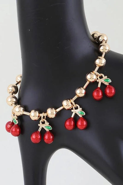 Cherry Pop Charm Bracelet Gold Red