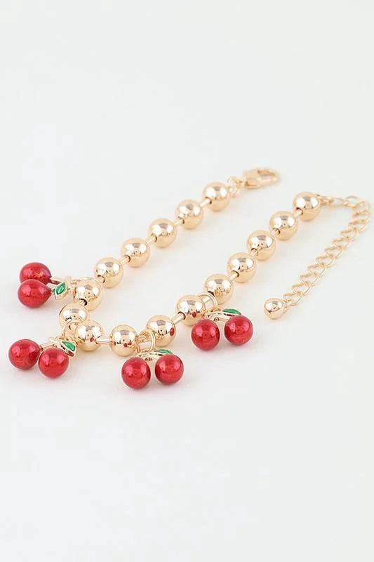 Cherry Pop Charm Bracelet Gold Red