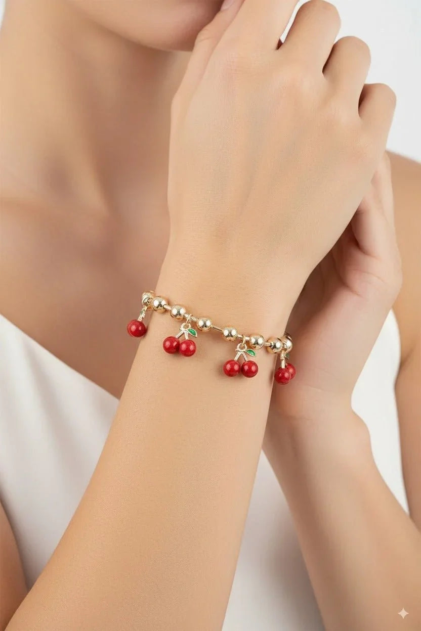 Cherry Pop Charm Bracelet Gold Red