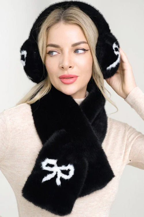 Chic Bow Fluffy Winter Scarf & Ear Muff Set -  Black