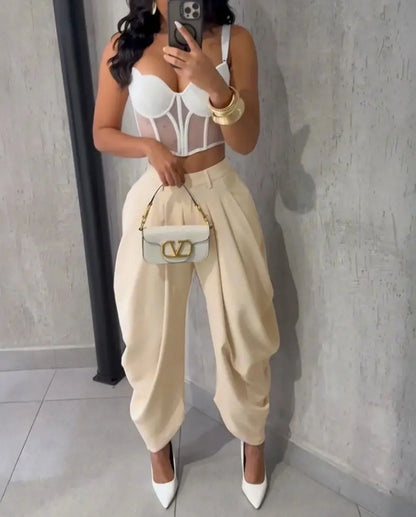 Chic Draped Pleated Pants - Beige