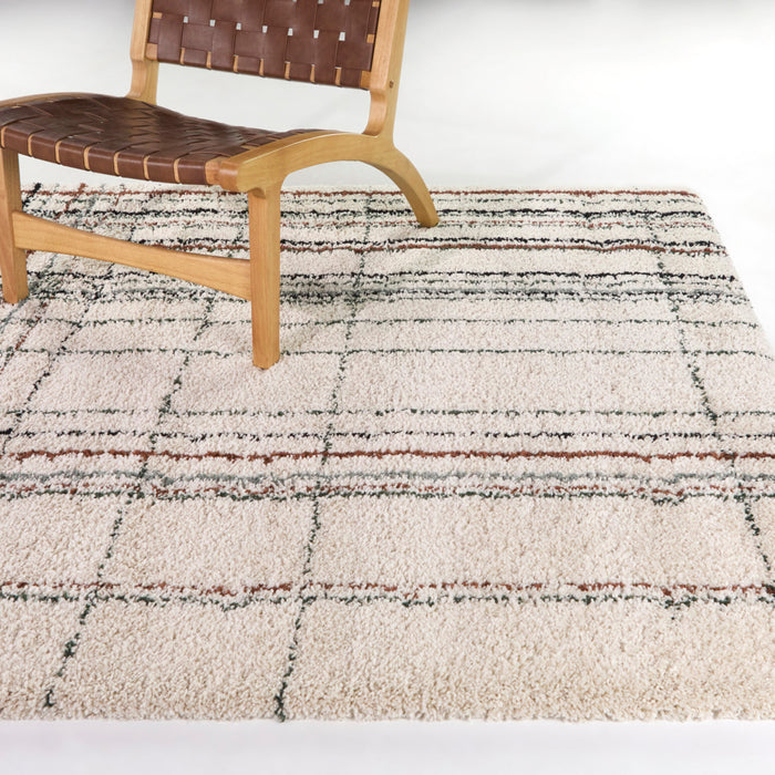 A room setting featuring Circe Cream 5x8 Shag Area Rug