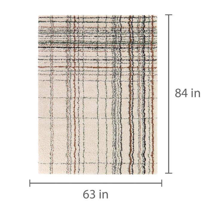 Detail image of Circe Cream 5x8 Shag Area Rug with overlay of product dimensions