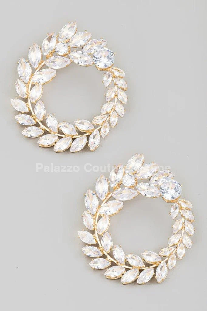Circle Rhinestone Leaf Earrings (Gold)