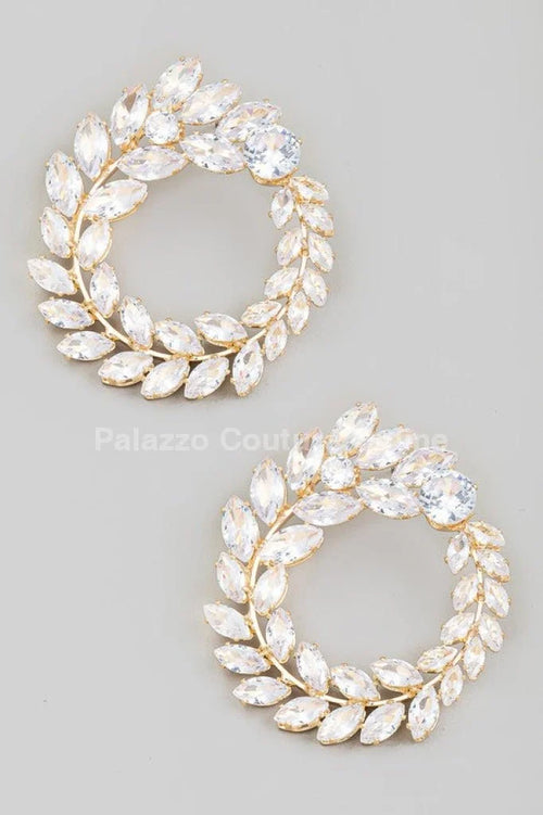 Circle Rhinestone Leaf Earrings (Gold)