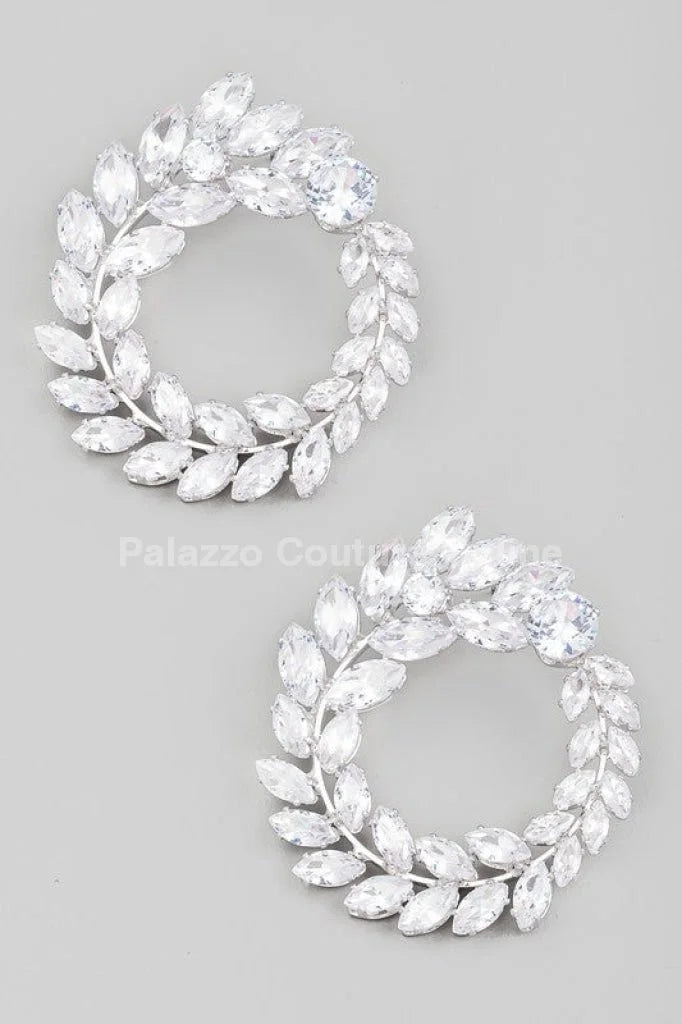 Circle Rhinestone Leaf Earrings (Silver)