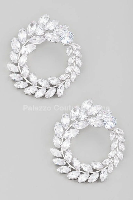 Circle Rhinestone Leaf Earrings (Silver)