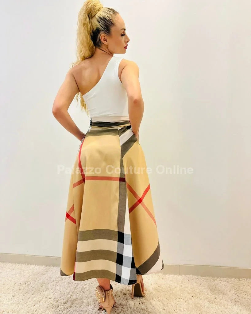 City of Dreams Plaid Maxi Dress with One-Shoulder Design