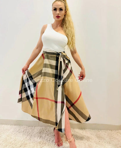 City of Dreams Plaid Maxi Dress with One-Shoulder Design